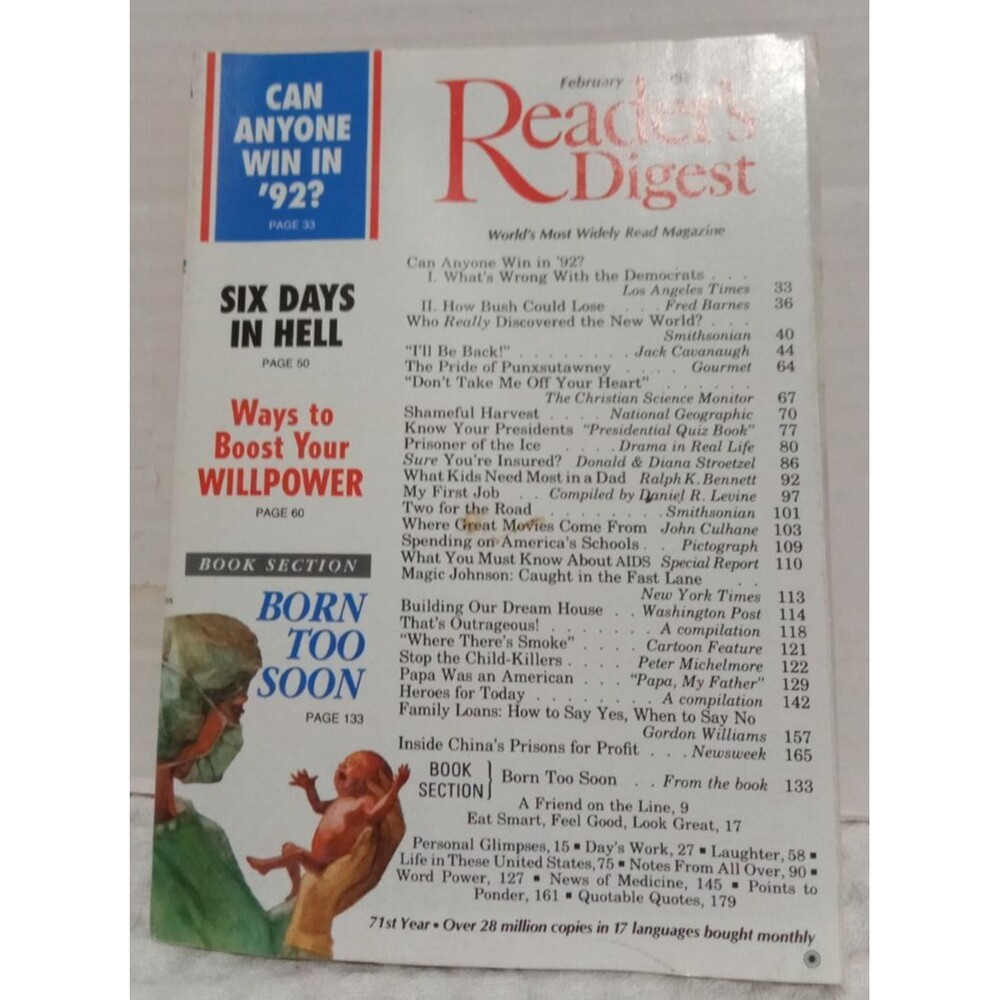 READERS DIGEST Magazine February 1992 Can Anyone win in 92? Born Too Soon